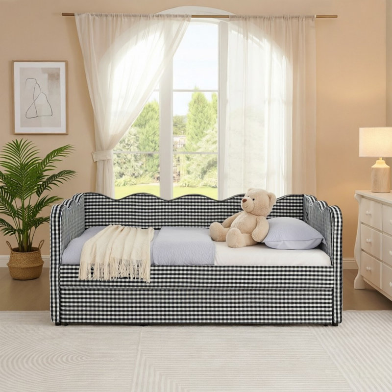 Lit de jour simple adorable en forme de vague en tissu de lin Vichy douillet ， avec port USB gigogne ， Aucun sommier nécessaire