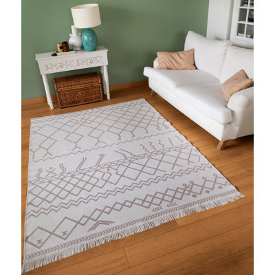 Tapis géométrique en coton tissé à plat à la main blanc / beige Oavia