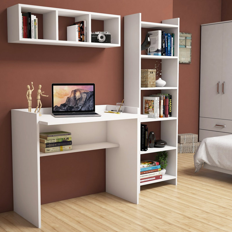 Modern Study Desk & Bookshelf Set, White, 35.4 x 31.5 x 22.8 inches | 100% Melamine Coated Particle Board, Thickness: 0.7 inches | Includes Numerous Shelves, Wall-Mountable Design, Perfect for Home Office & Study Spaces