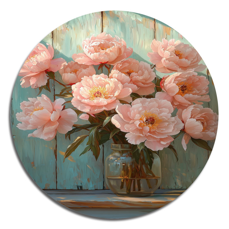 Pinson - reproduction d'art traditionnelle rose en métal, pivoines rondes, art mural en métal, H 23 po x l 23 po