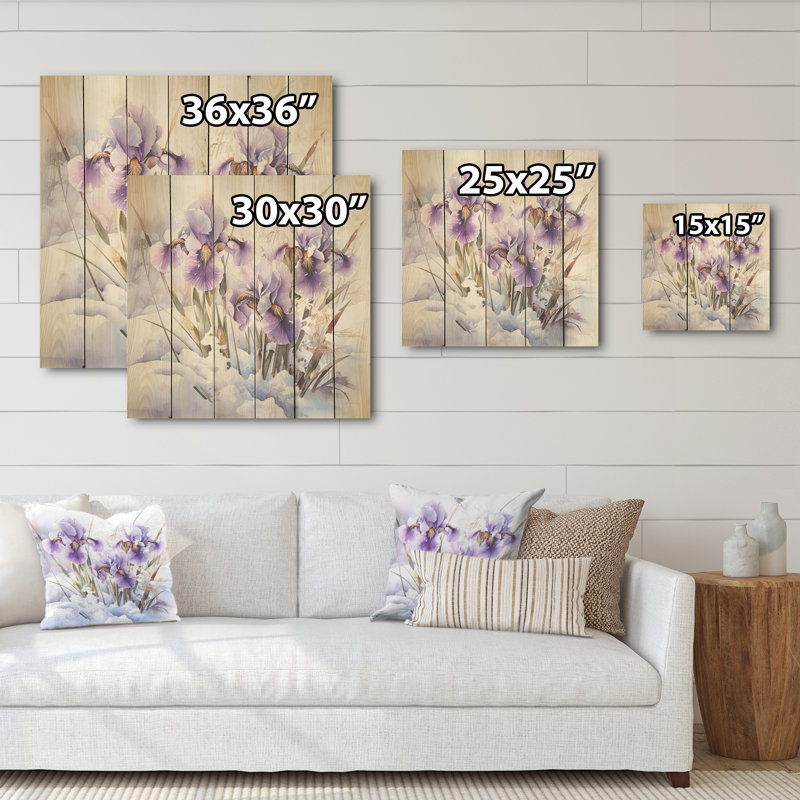 Iris mauve breloque en hiver I - iris, art mural sur bois de pin naturel, H 15 po x l 15 po