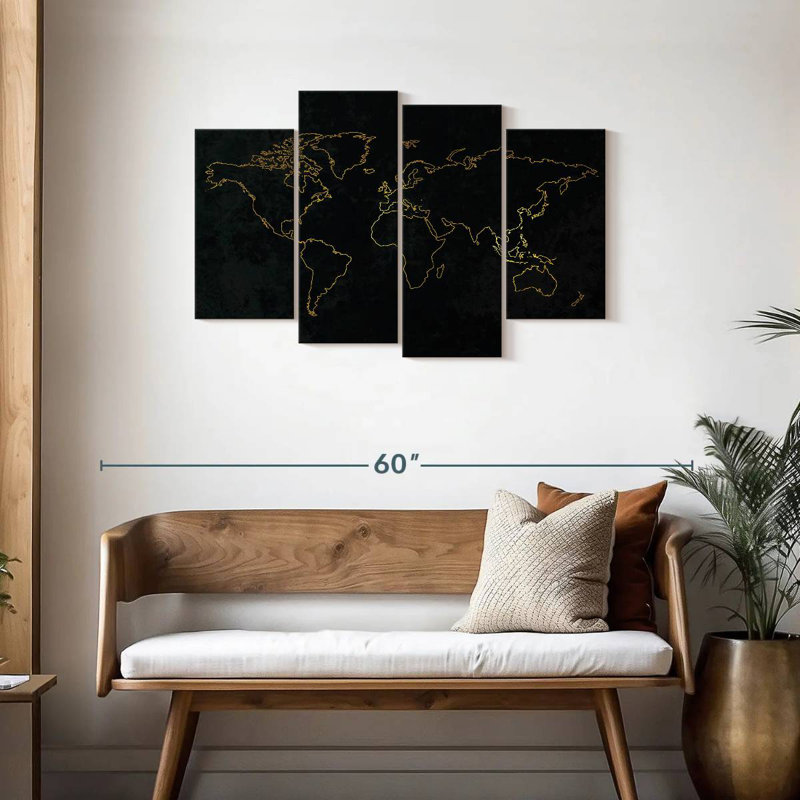Aliaz Gold Outline World Map, 27" H x 43" W