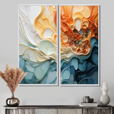 Blue And Orange Ink Cascade Fluid - Colorful 2-Pieces Wall Art