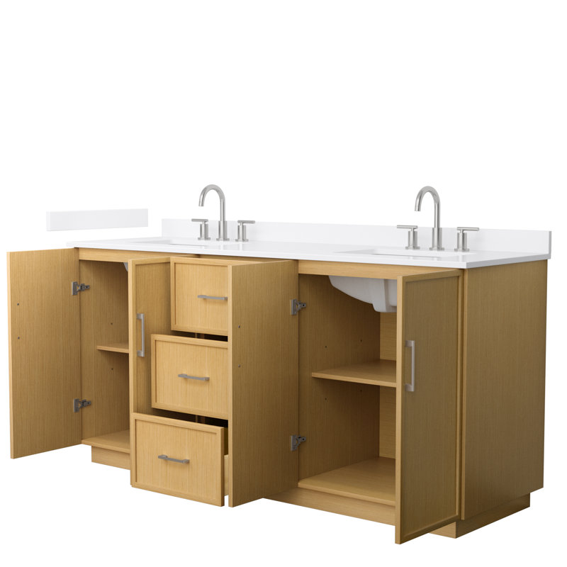 Elan TK 72" Freestanding Double Bathroom Vanity with Quartz Top, Brushed Nickel, White Quartz, Light Oak