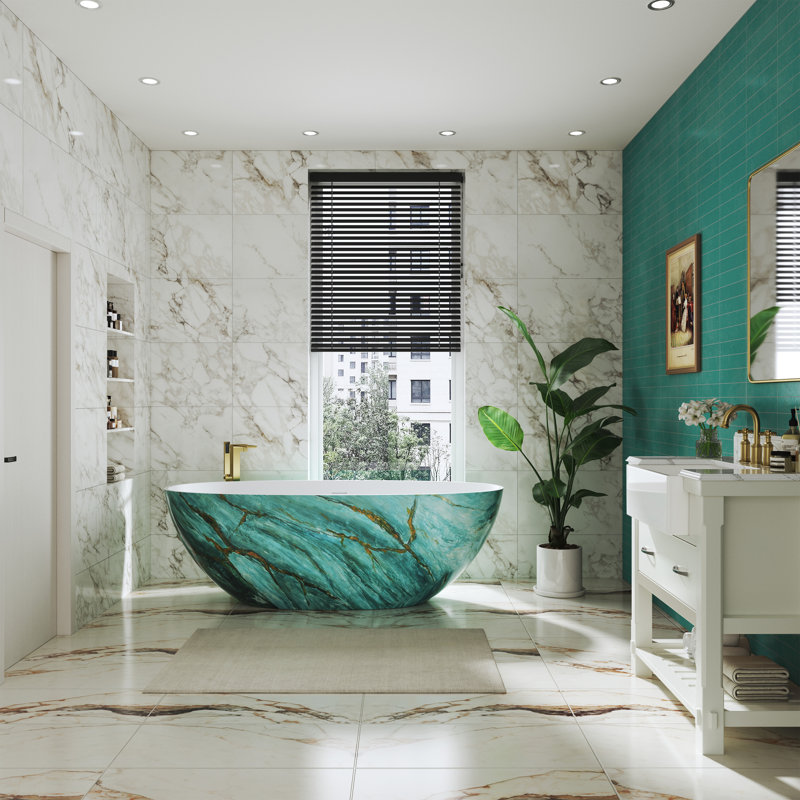 CASAINC 65"x 30" Solid Surface Stone Freestanding Bathtub with Marble Look Deep Soaking Bathtub with Center Drain