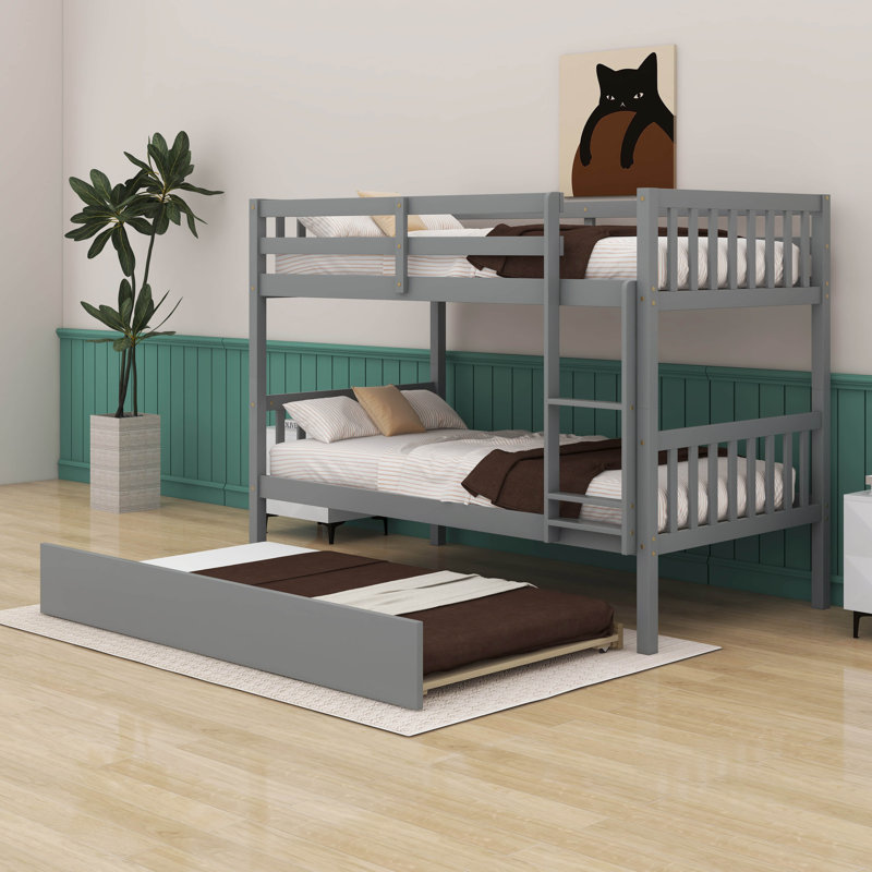  Kamorian Twin Over Twin Rubber Wood Bunk Bed With Trundle, Convertible Into 2 Beds, Gray