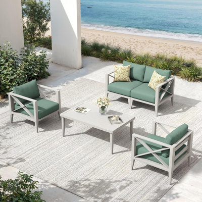 4-Piece Aluminum Patio Furniture Set, Oversized Outdoor Conversation Sofa Set with Coffee Table, White All-Weather Deep Seating, Rust-Proof Frame for Backyard, Deck, Porch, or Balcony