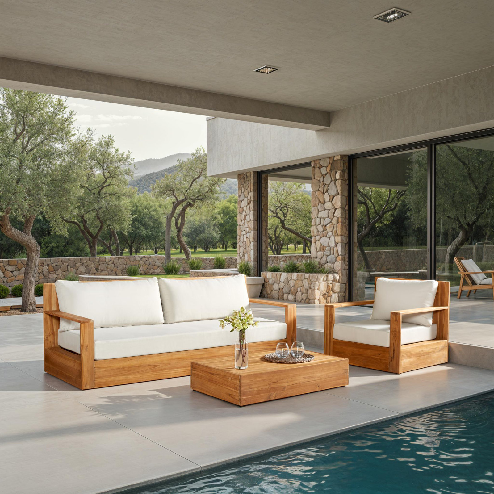 Azul Teak 3 - Person Patio Conversation Set with Cushions, Linen Olefin