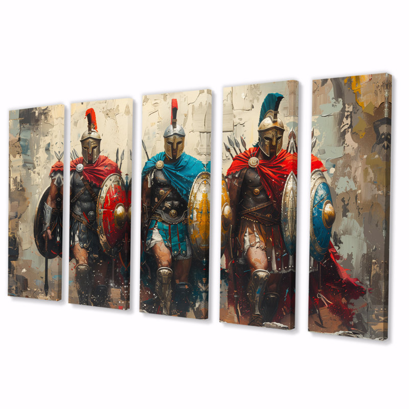 Guerriers grecs multicolores prêts pour la bataille - ensemble d'art mural sur toile armée, H 28 po x l 60 po