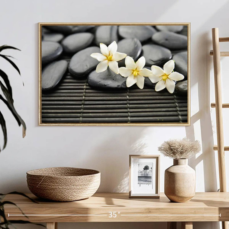 Pierres zen et fleurs, 25 po x 17 po, Cadre flottant en bois naturel