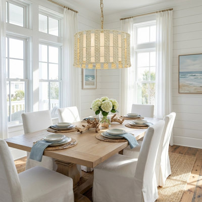 Luminaire suspendu tambour tissé blanc à 3 lumières Roka avec abat-jour en lin