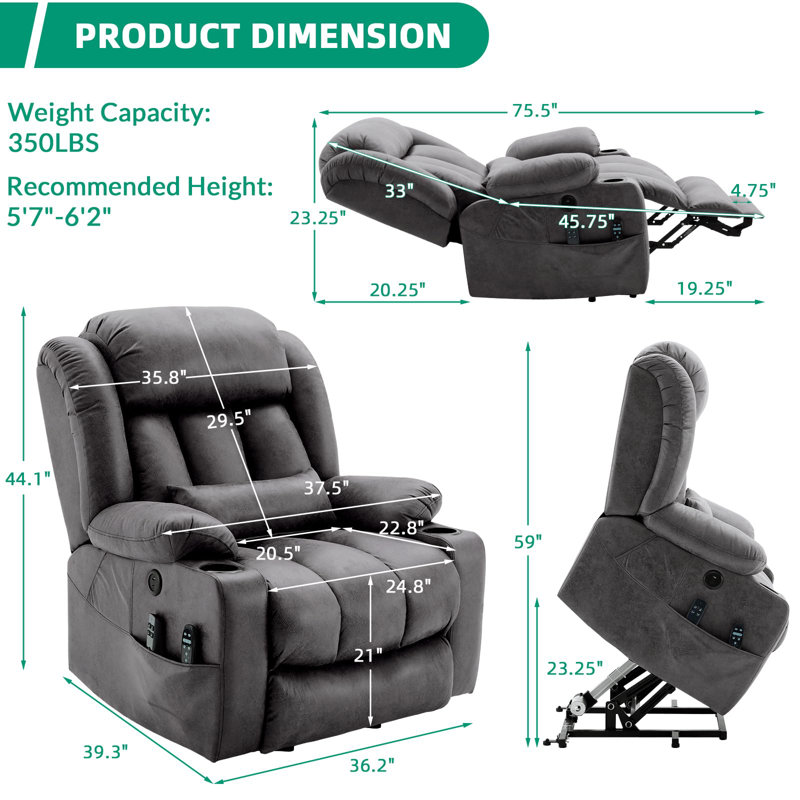 Latitude Run Tall Man Large Dual Motor Power Lift Recliner Chair With Extended Footrest, Oversized Lay Flat Sleeper Electric Recliner W/Heat & Massage, Lumbar Pillow, USB & Type-C Ports