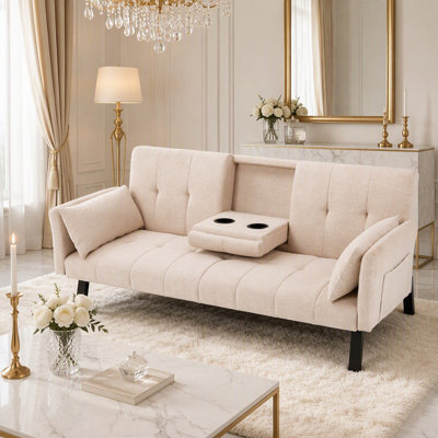 Canapé-lit pliable en coton et en lin de 70 pouces avec porte-gobelet et rangement latéral, pour les petits espaces et la multifonctionnalité