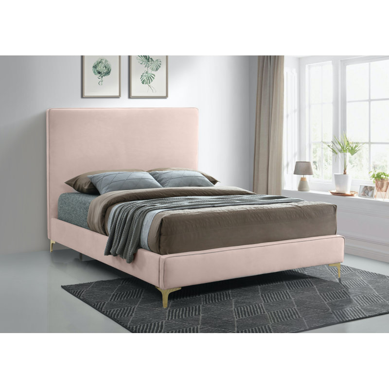 Lit plateforme tapissier à profil bas, Grand, Velours rose