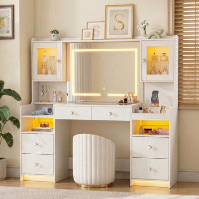 Leritan 62" Makeup Vanity Desk with Lighted Mirror, Tempered Glass Top, Power Outlet, 4 Drawers,  and RGB Lighted Cabinet