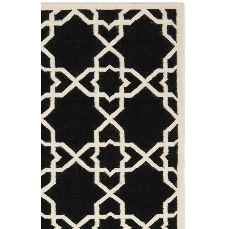 Rodgers Hand Woven Flat Weave Wool/Cotton Geometric Rug in Ivory/Black