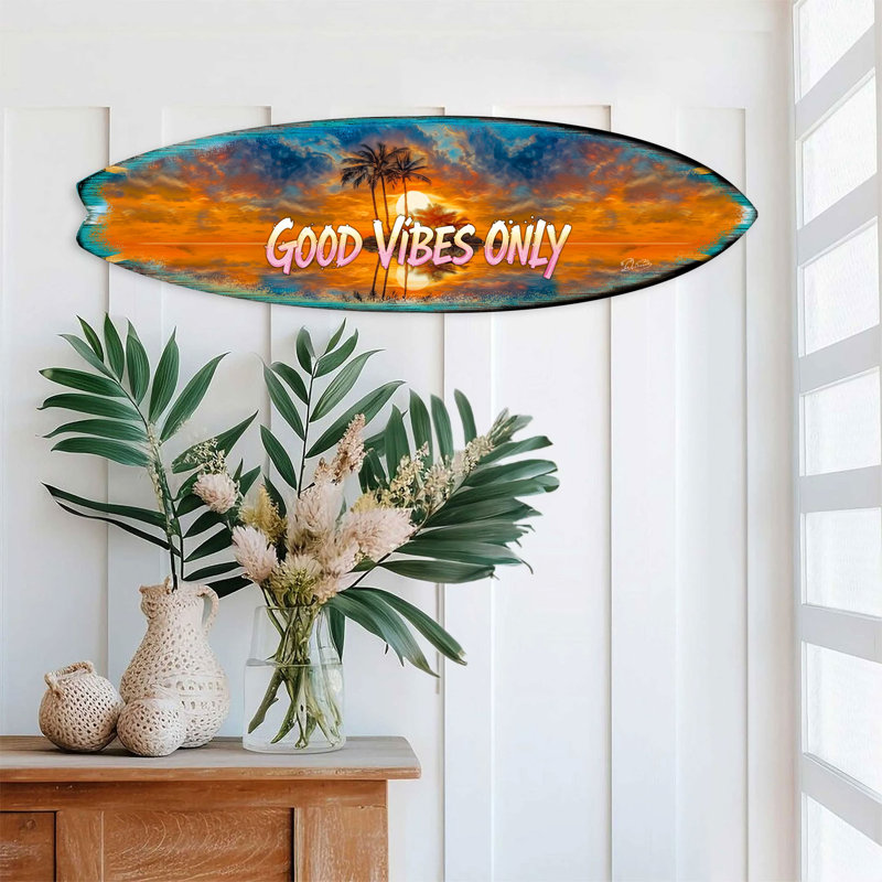 Good Vibes Only Surfboard Wall Art By G. Debrekht – Handcrafted Coastal Decor For Beach House & Tropical Interiors