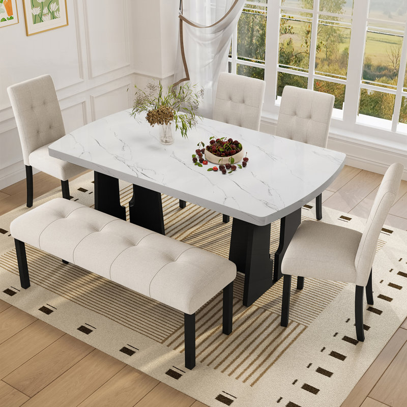 6 Piece Modern Dining Table Set, Beige,White