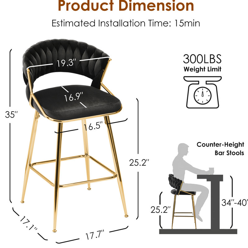 De 2 tabourets de comptoir modernes de 25,2 po, velours orné, siège ergonomique pour îlot de cuisine et bar, tabouret en velours de métal noir d'une largeur de 16,98 po, conception avec accents 2,
