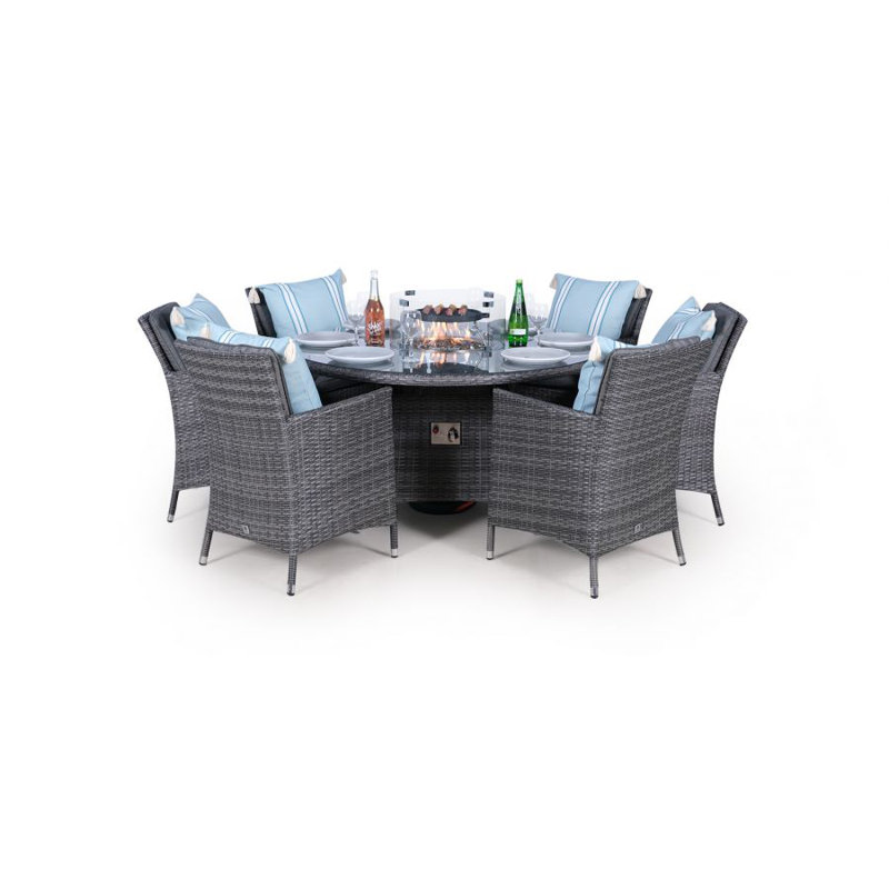 Paquette 6 - Person Wicker Patio Dining Set with Round Table , Cushions Included, Grey, Grey/Light Blue