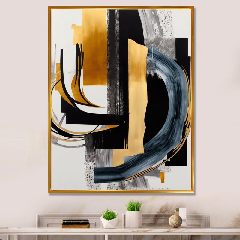 «Glam Gold and Black Expression II - Abstract Spirals», art mural, L 16 po x H 32 po, Cadre flottant doré