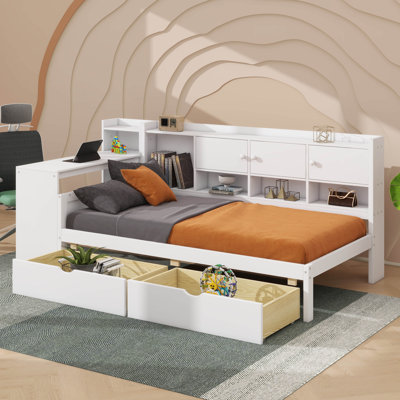 Wooden L-Shaped Daybed Boasting Seven Storage Cabinets And Two Drawers, Multi-Functional Bed With Study Table