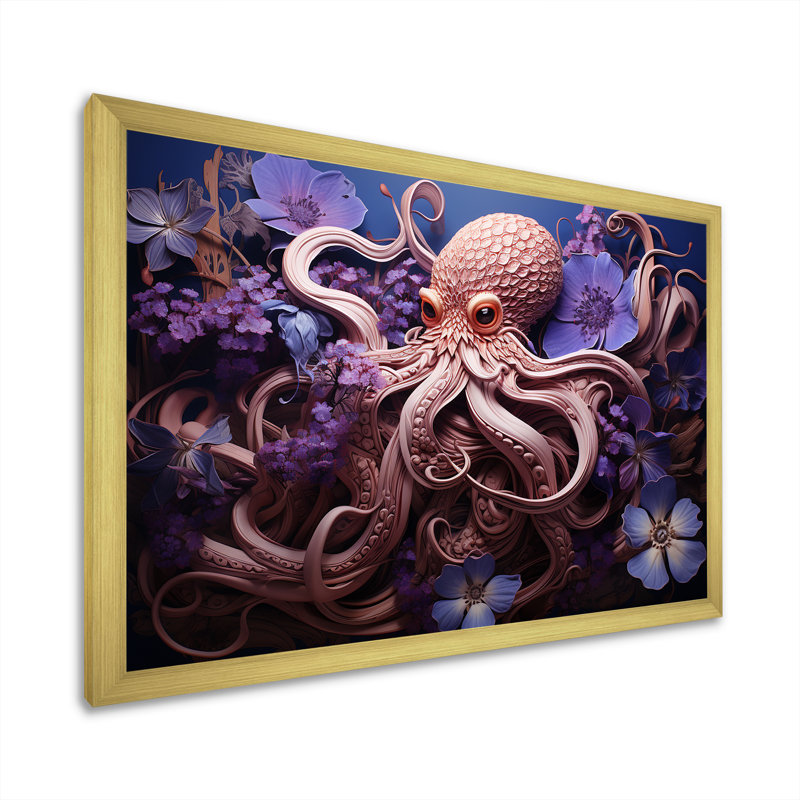 Mauve oasis de pieuvre II - art mural animaux côtiers, Cadre doré à coins fermés, H 24 po x l 32 po x P 1 po