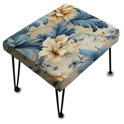 Blanc et bleu damassé en fleurs - Repose-pieds rectangulaire damassé