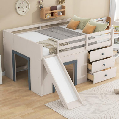 Full Size Low Loft Bed with Three Storage Drawers and Slide