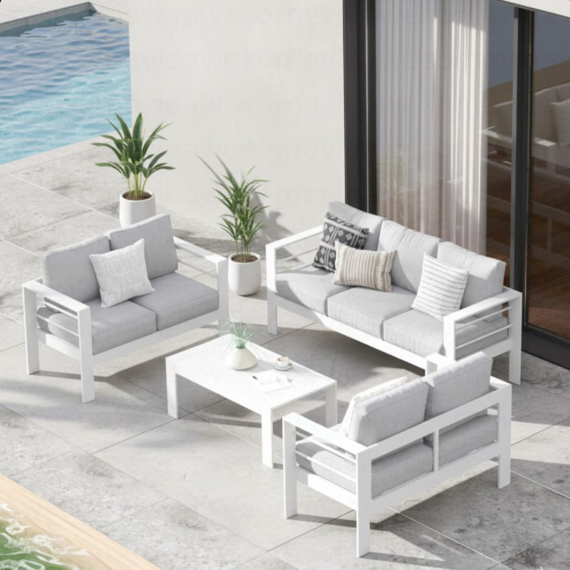 Ensemble de conversation de patio 5 pièces en aluminium 5 pièces, canapé d'extérieur 7 places avec coussins gris clair épais et structure blanche et table basse