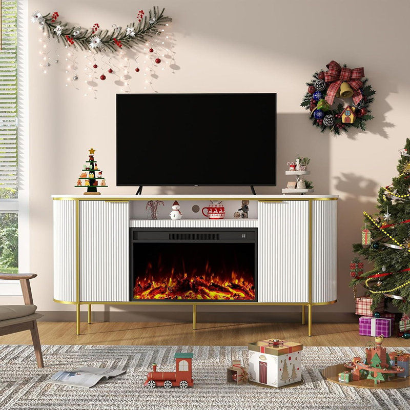 White Fireplace TV Stand – 70" Fluted Entertainment Center With 30" Electric Fireplace, Faux Marble Top Media Console For Tvs Up To 80"