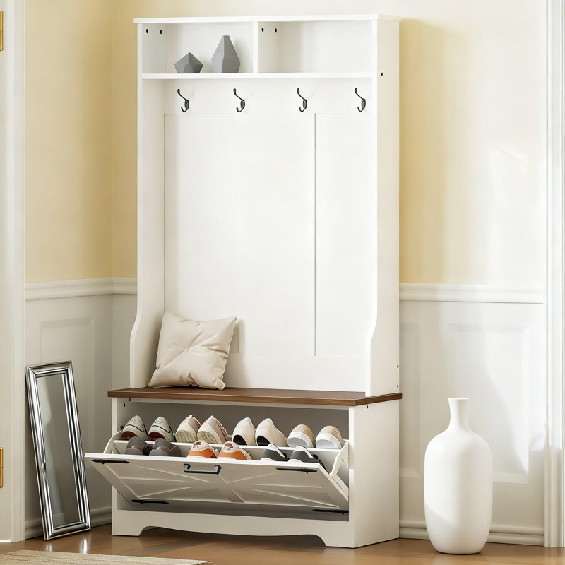 Arbre d'entrée avec banc, organisateur de rangement de vestibule avec porte-manteau, armoire à chaussures et tiroirs rabattables pour le décor de vestibule et de maison de campagne