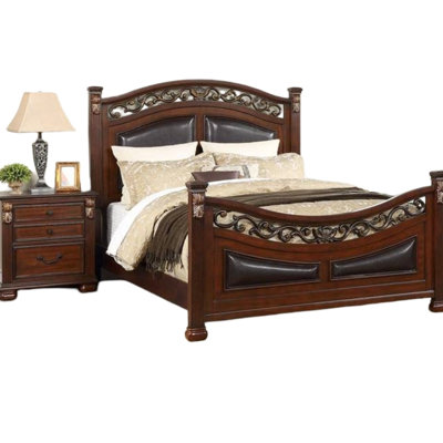 King Size Bed In Traditional Style With Padded Headboard And , Dark Cherry Finish, Pine Cashew Tree Material