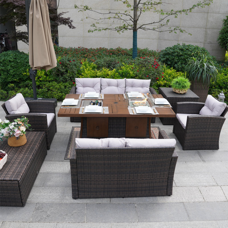 Frederica 7 - Person Patio Conversation Set with Cushions, Brown, Beige