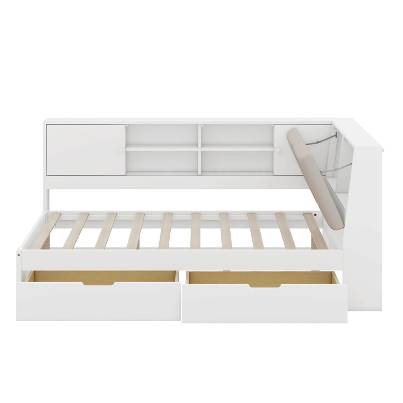 Full Size Corner Bed Frame With Storage Bookcase And Upholstered Headboard, Charging Station And Drawers, Full, White