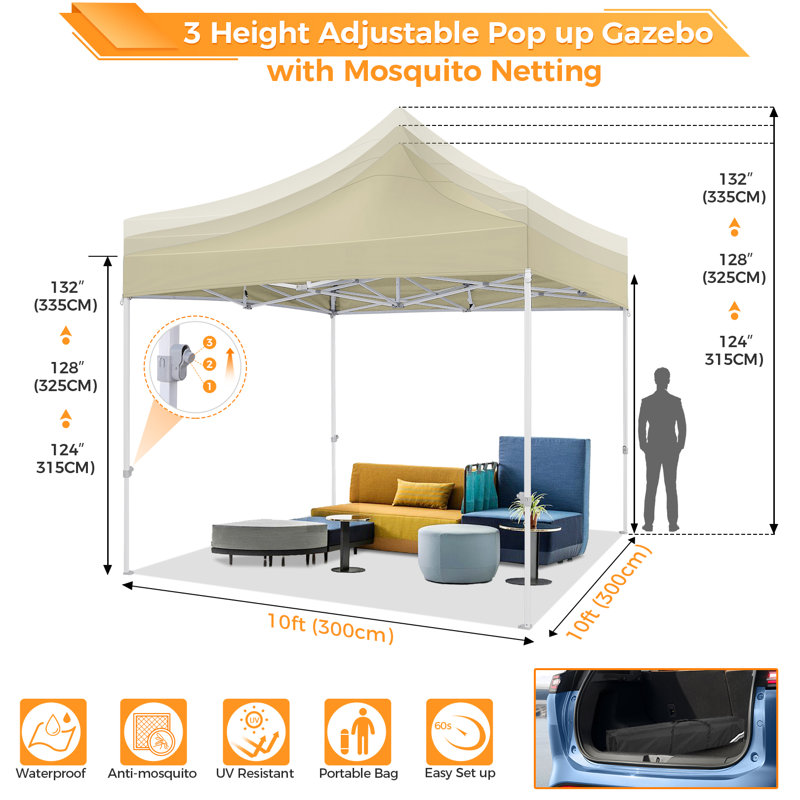 10x10 Heavy Duty Canopy Tent, Pop up Gazebo with Netting Screened ,Waterproof, Khaki