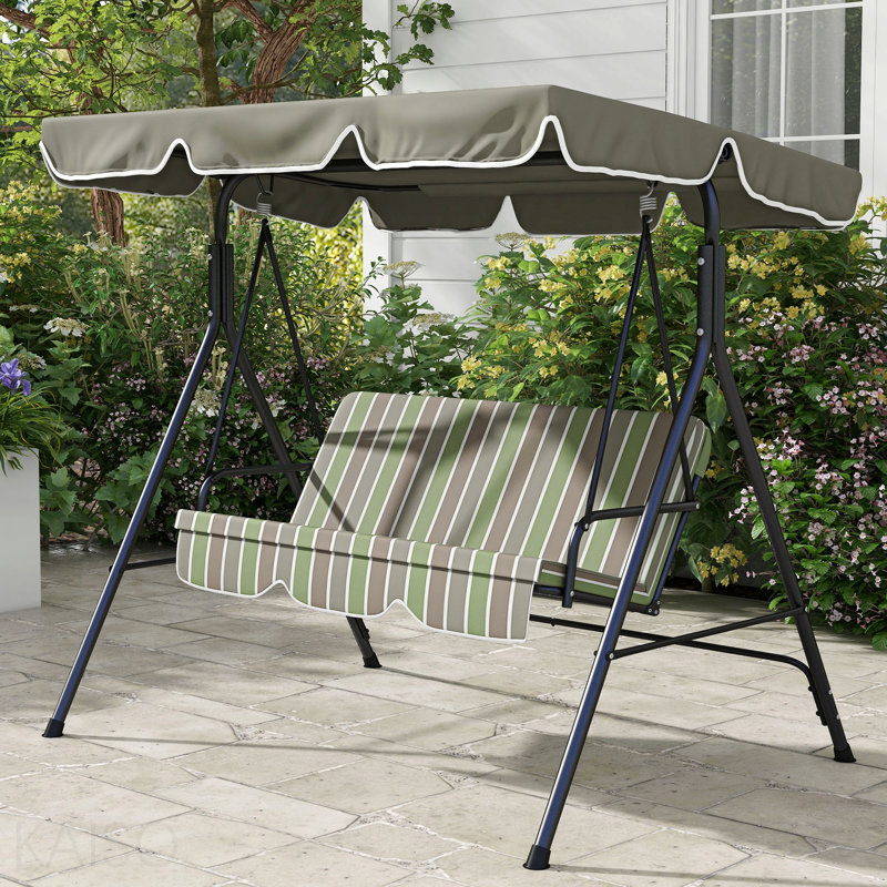 Balancelle d'extérieur 3 places avec coussin amovible, support en acier et auvent inclinable pour patio, jardin, piscine, balcon, cour, beige et vert