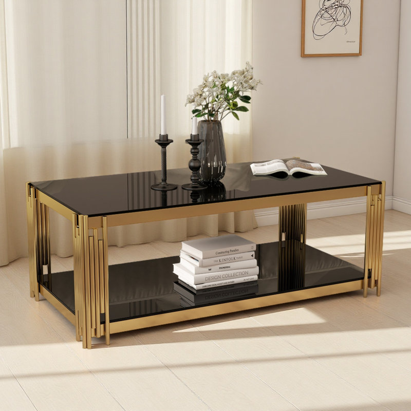 Table basse 47 po en verre rectangulaire double couche, table de salon moderne, plateau en verre trempé, pieds en acier inoxydable doré
