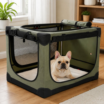 Green 30-Inch Collapsible Soft Travel Crate for Medium Dogs, 4-Door Foldable Design, Breathable Mesh, Includes Storage Bag