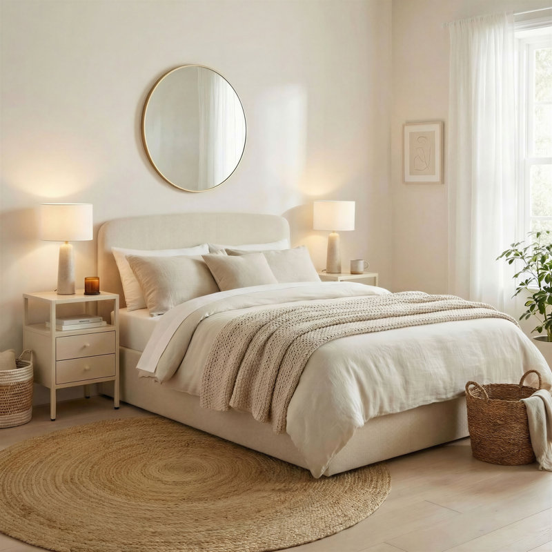 Aemilia Upholstered Ottoman Storage Bed, King, Cream Fabric