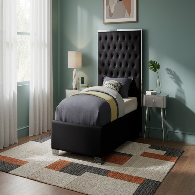 Spadaro Upholstered Platform Bed, Black Velvet, Silver, Twin