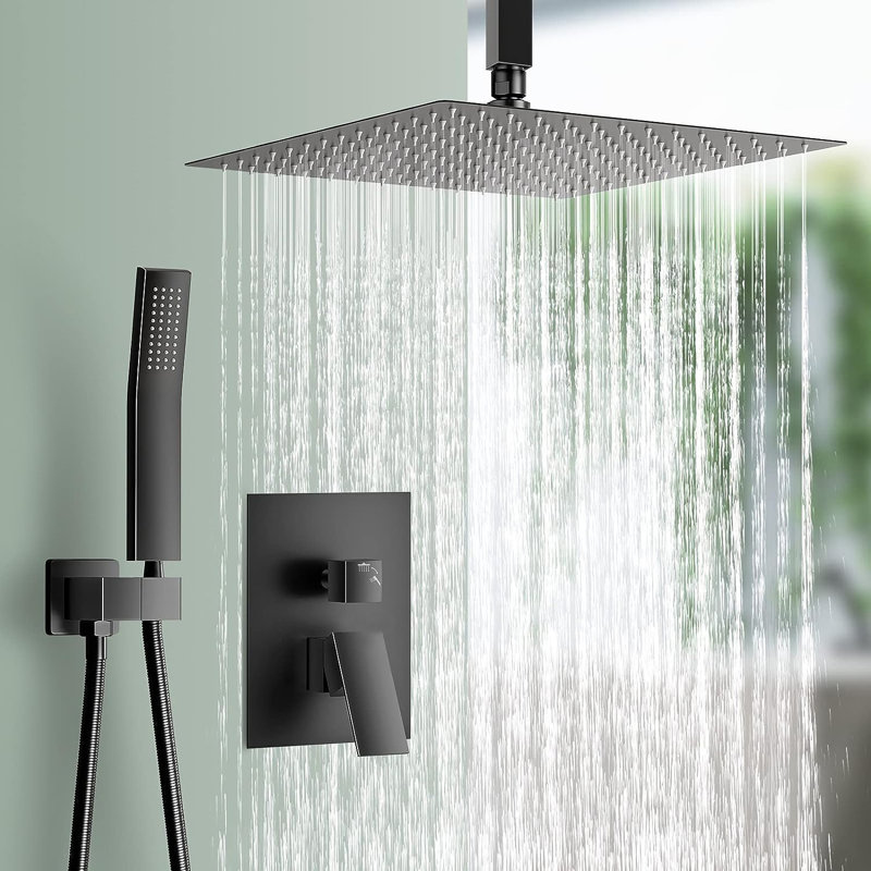 Système de robinet de douche noir mat avec soupape de plafond à pomme de douche de pluie de 12 pouces
