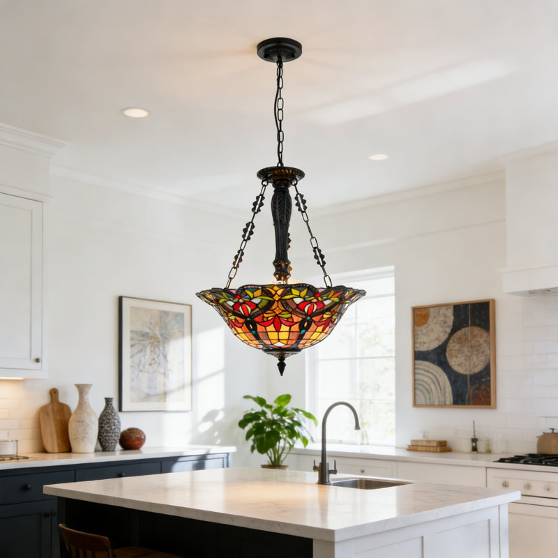 Horrocks 3-Light 17" Colorful Tiffany Style Stained Glass Foyer Pendant Light