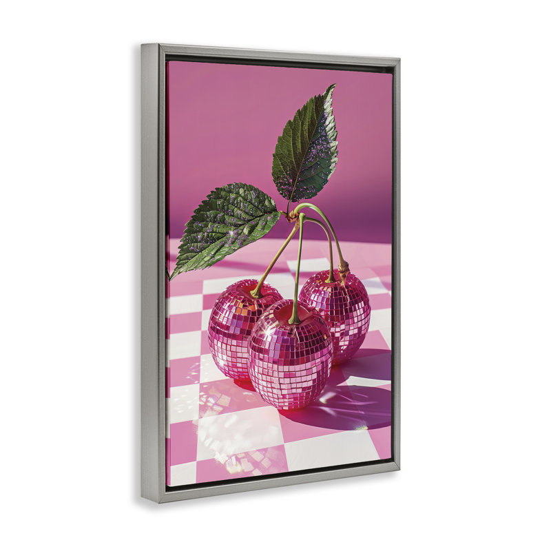 Cerises disco sur cadre flottant à carreaux, design par LSR Design Studio, H 25 po x l 17 po, Cadre flottant gris lustré