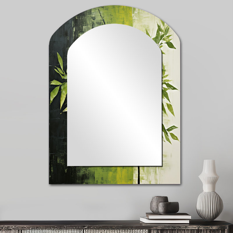 Green Ferm Simple Collage II - Leaves Arch Unique Wall Mirror, Traditional Asymmetrical Mirror, Printed Metal Art, 34" x 25"