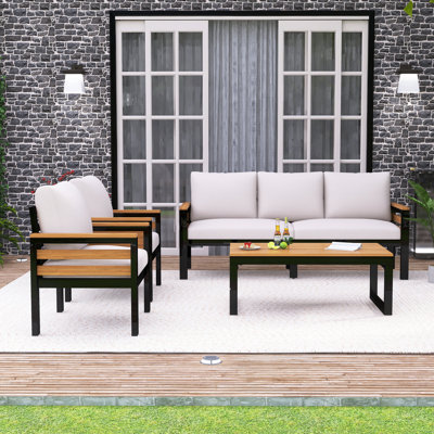 Ensemble de canapé d'extérieur 4 pièces pour 5 personnes avec accoudoirs en bois d'acacia, ensemble de conversation avec coussin amovible et table basse en bois massif