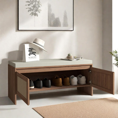 Rattan Shoe Storage Bench With Cushion, 2-Door Entryway Bench Cabinet For Hallway Bedroom Mudroom