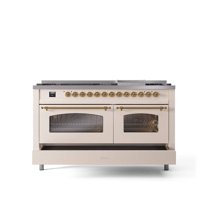 ILVE Nostalgie II 60 Dual Fuel Range, 9 Burners, Griddle, Natural Gas, Antique White/Brass