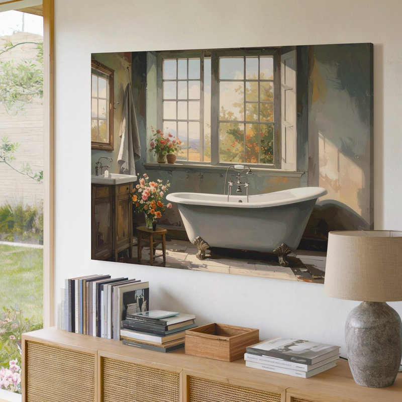 Toile d'art mural d'une scène de salle de bain de style rétro artistique avec une baignoire autoportante sous une qualité supérieure prête à accrocher