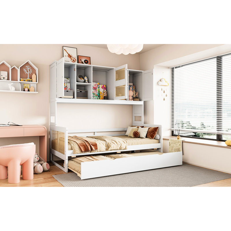 Lit de jour simple en bois avec couchette, armoire et tablette, blanc et tablette de qualité stable, Lit simple, Blanc